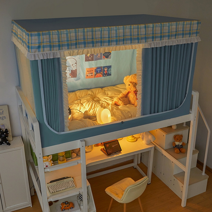 91家纺网 家纺一手货源 找家纺 安金蚊帐 2025新款防蚊遮光一体99%强遮光宿舍上下铺遮光学生蚊帐格子花边 小香条格-蓝