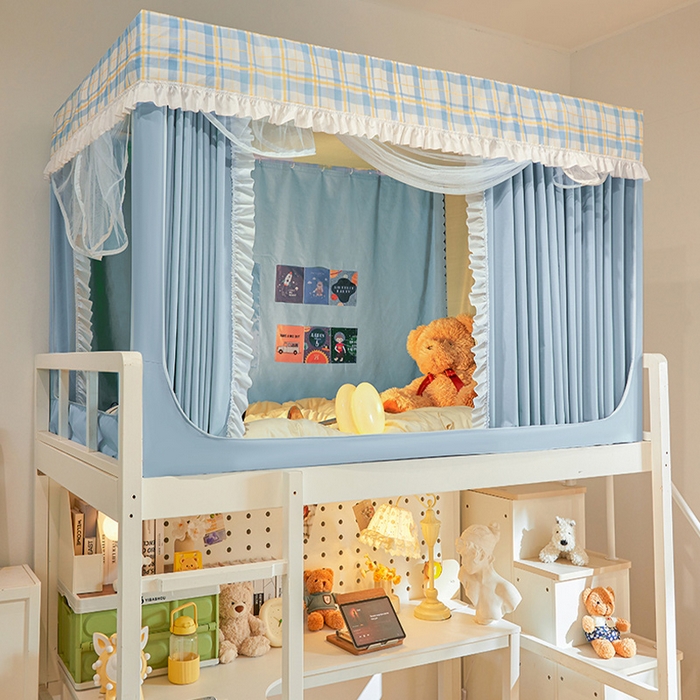 91家纺网 家纺一手货源 找家纺 安金蚊帐 2025新款防蚊遮光一体99%强遮光宿舍上下铺遮光学生蚊帐格子花边 小香条格-蓝