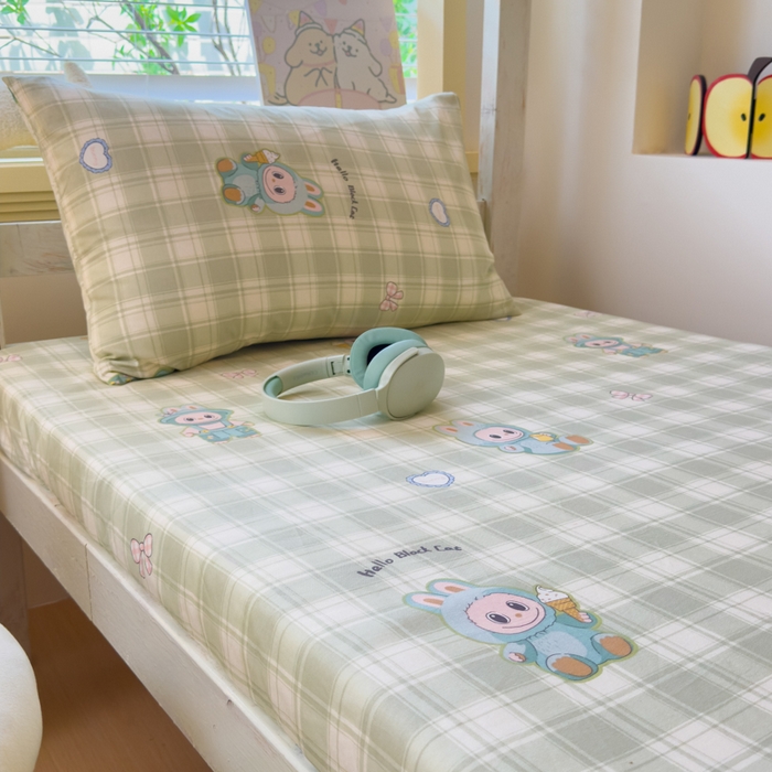 91家纺网 家纺一手货源 找家纺 金丝鸟家纺 2025新款全棉纯棉斜纹床笠单品床笠单件单床笠-学生床 薄荷兔兔-绿