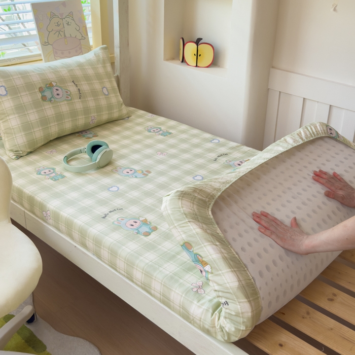 金丝鸟家纺 2025新款全棉纯棉斜纹床笠单品床笠单件单床笠-学生床 薄荷兔兔-绿