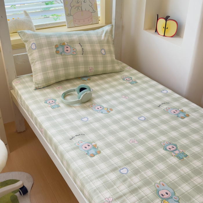 91家纺网 家纺一手货源 找家纺 金丝鸟家纺 2025新款全棉纯棉斜纹床笠单品床笠单件单床笠-学生床 薄荷兔兔-绿