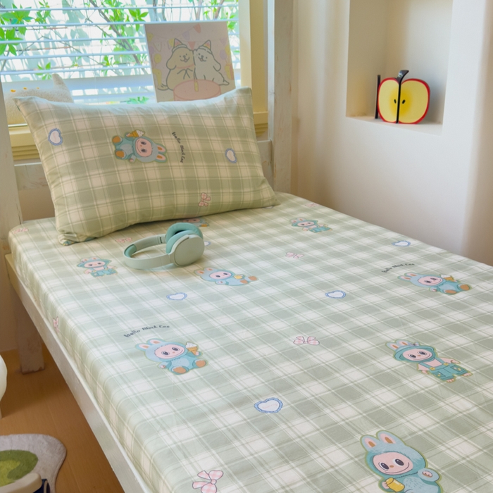 91家纺网 家纺一手货源 找家纺 金丝鸟家纺 2025新款全棉纯棉斜纹床笠单品床笠单件单床笠-学生床 薄荷兔兔-绿