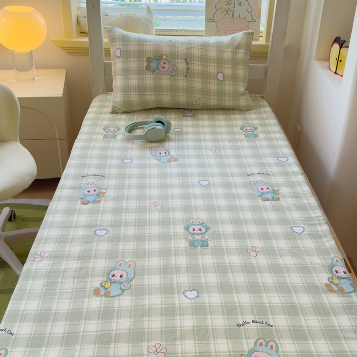 91家纺网 家纺一手货源 找家纺 金丝鸟家纺 2025新款全棉纯棉斜纹床笠单品床笠单件单床笠-学生床 薄荷兔兔-绿