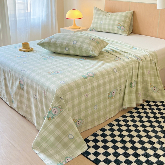 91家纺网 家纺一手货源 找家纺 金丝鸟家纺 2025新款全棉纯棉斜纹床单单品床单单件单床单-大床图 薄荷兔兔-绿