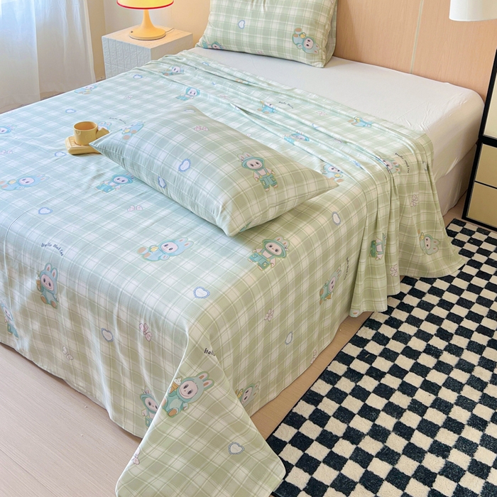 91家纺网 家纺一手货源 找家纺 金丝鸟家纺 2025新款全棉纯棉斜纹床单单品床单单件单床单-大床图 薄荷兔兔-绿