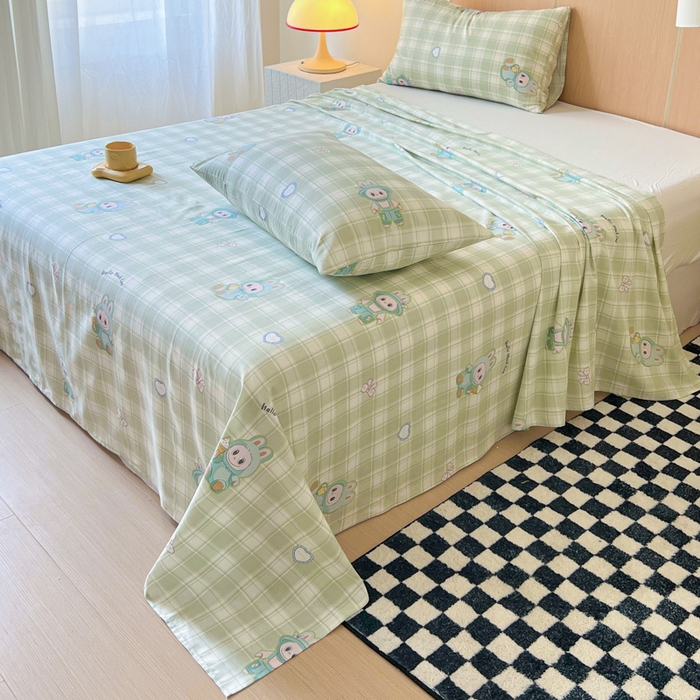 91家纺网 家纺一手货源 找家纺 金丝鸟家纺 2025新款全棉纯棉斜纹床单单品床单单件单床单-大床图 薄荷兔兔-绿