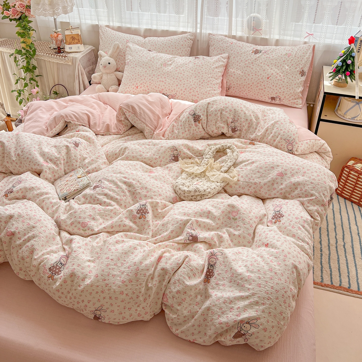 91家纺网 家纺一手货源 找家纺 水木坊 2025新款A云感双层纱四件套-浪漫 浪漫-巴比兔