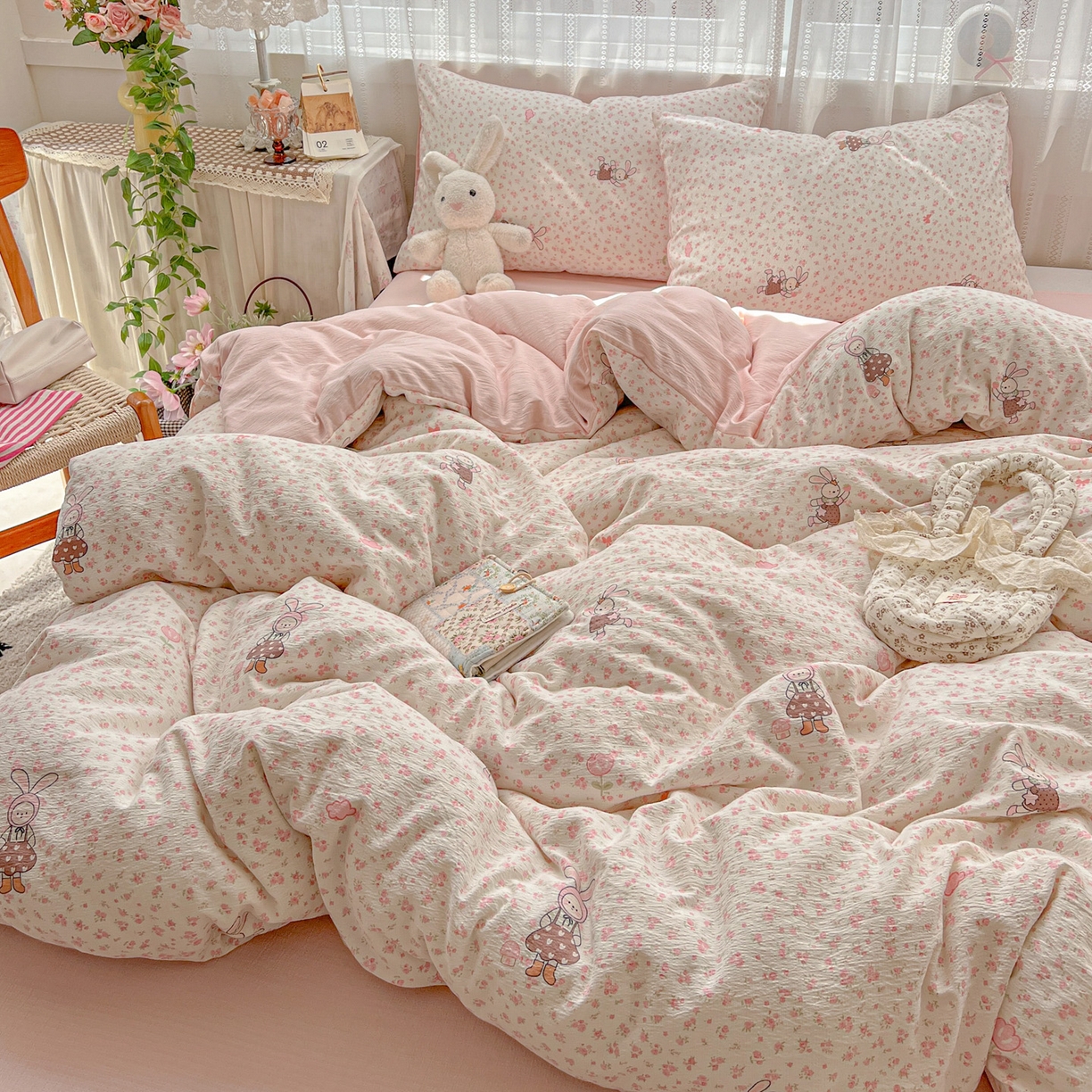 91家纺网 家纺一手货源 找家纺 水木坊 2025新款A云感双层纱四件套-浪漫 浪漫-巴比兔