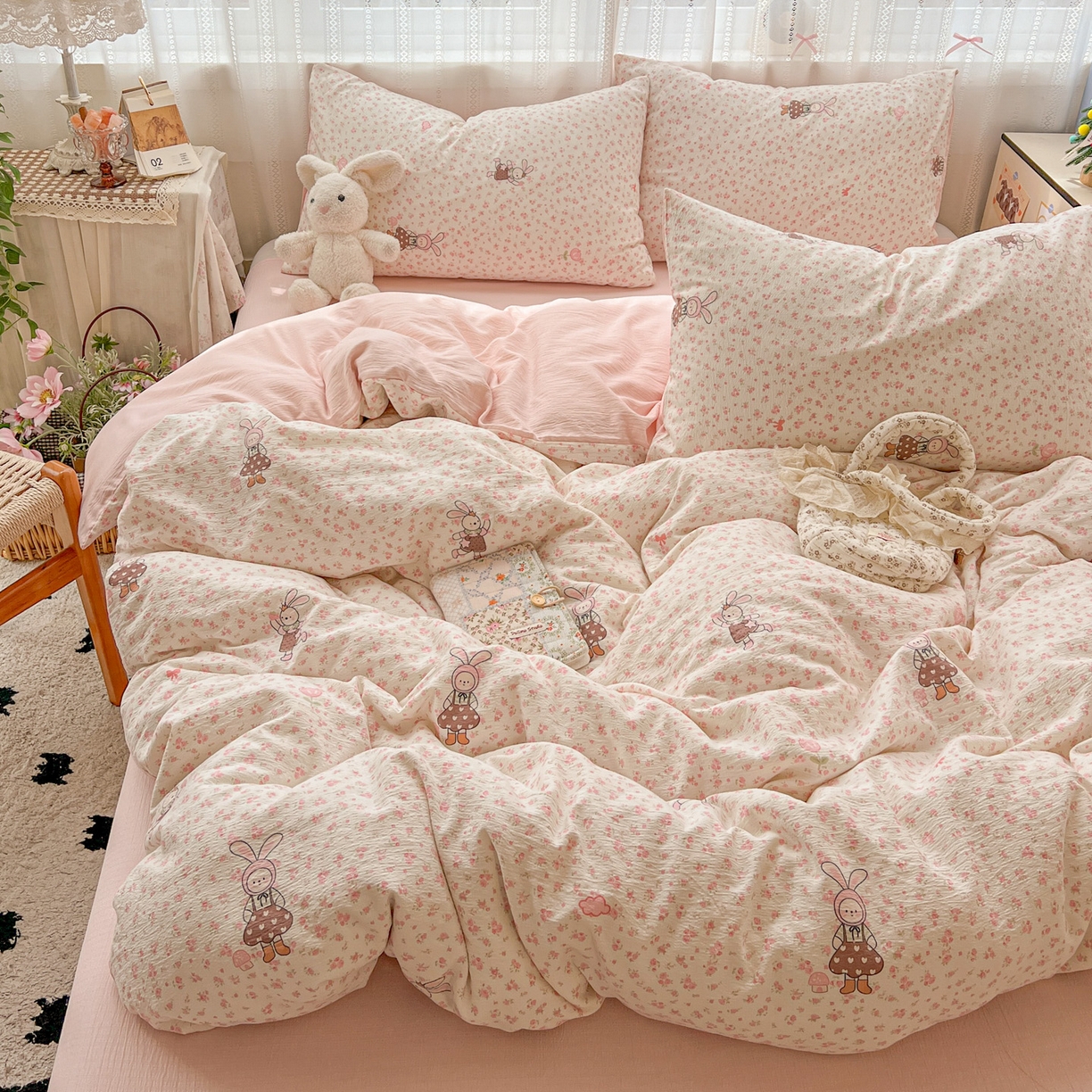 91家纺网 家纺一手货源 找家纺 水木坊 2025新款A云感双层纱四件套-浪漫 浪漫-巴比兔