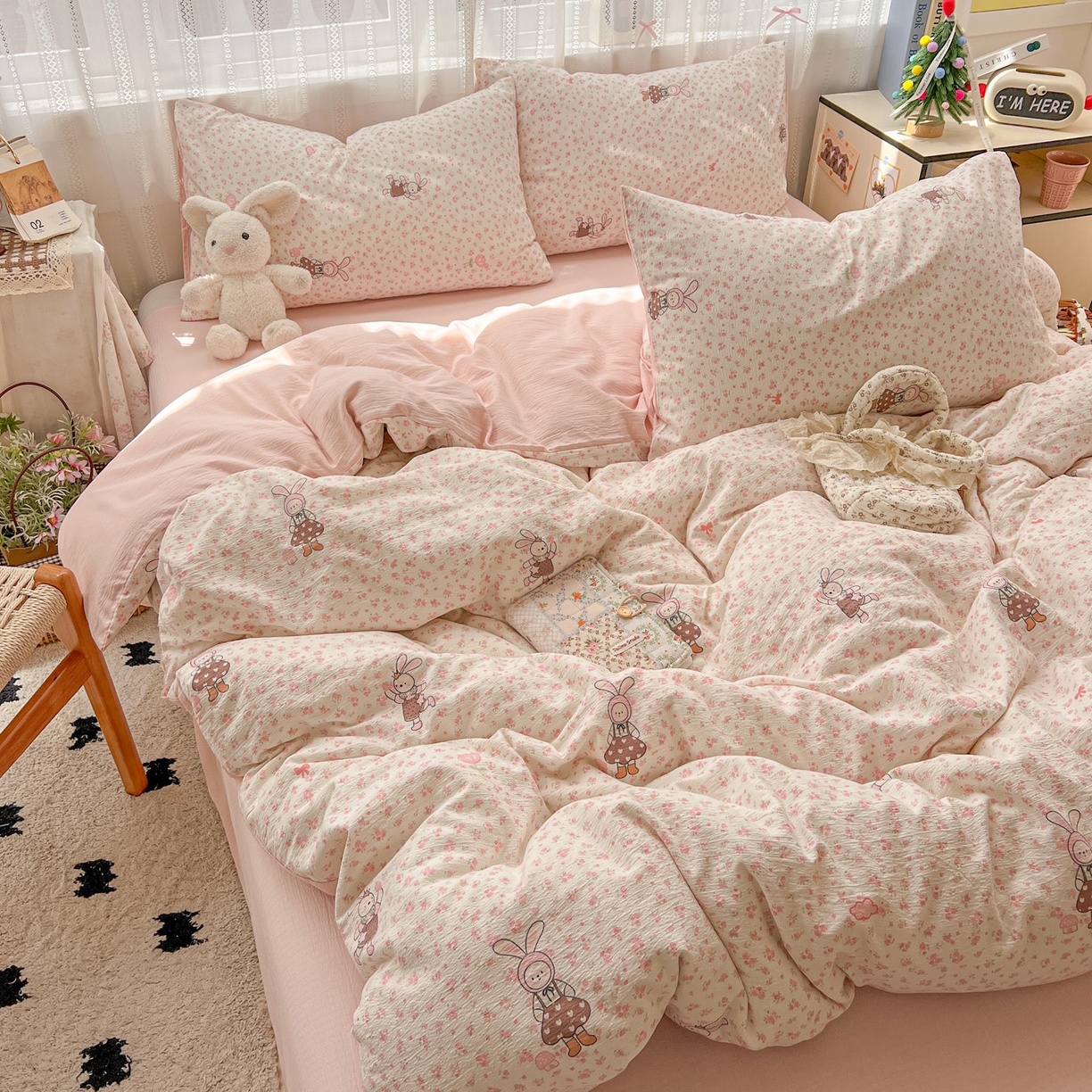 91家纺网 家纺一手货源 找家纺 水木坊 2025新款A云感双层纱四件套-浪漫 浪漫-巴比兔