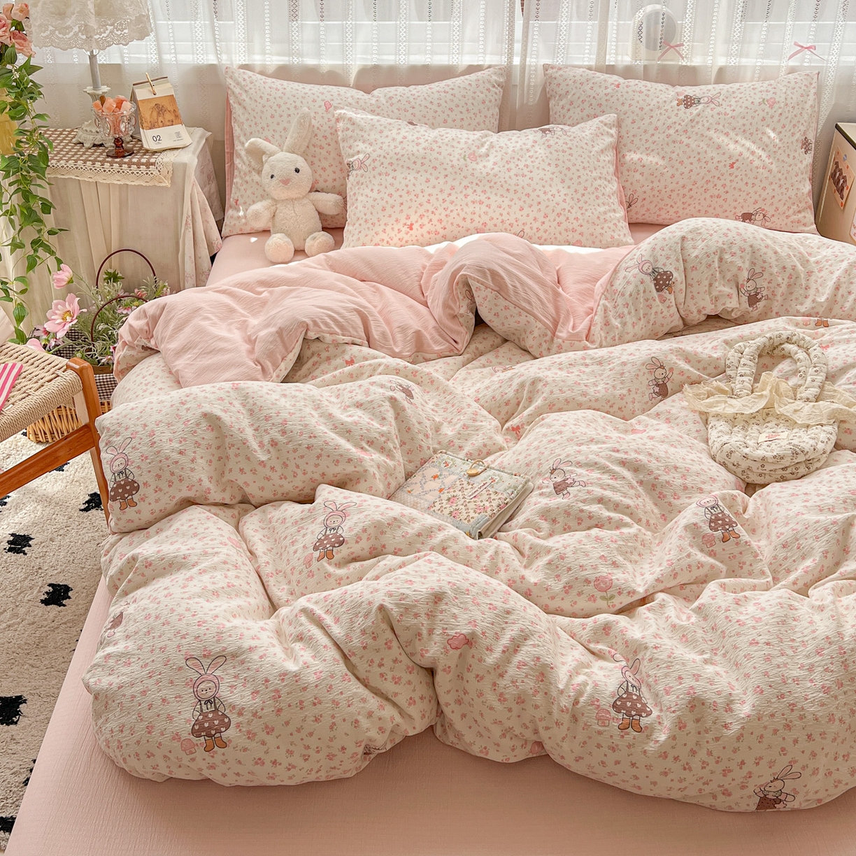 91家纺网 家纺一手货源 找家纺 水木坊 2025新款A云感双层纱四件套-浪漫 浪漫-巴比兔