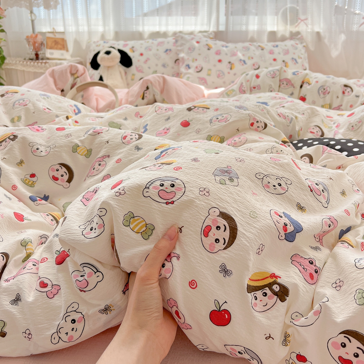 91家纺网 家纺一手货源 找家纺 水木坊 2025新款A云感双层纱四件套-浪漫 浪漫-蜡笔没有新