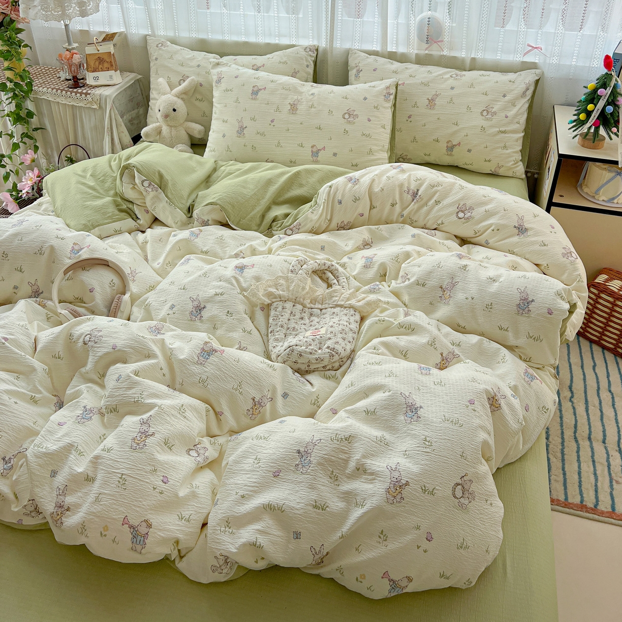 91家纺网 家纺一手货源 找家纺 水木坊 2025新款A云感双层纱四件套-浪漫 浪漫-青春兔