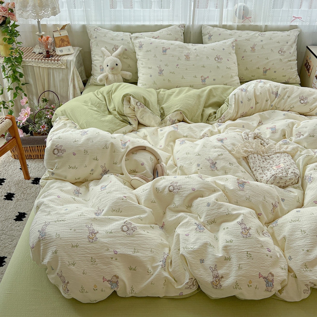 91家纺网 家纺一手货源 找家纺 水木坊 2025新款A云感双层纱四件套-浪漫 浪漫-青春兔