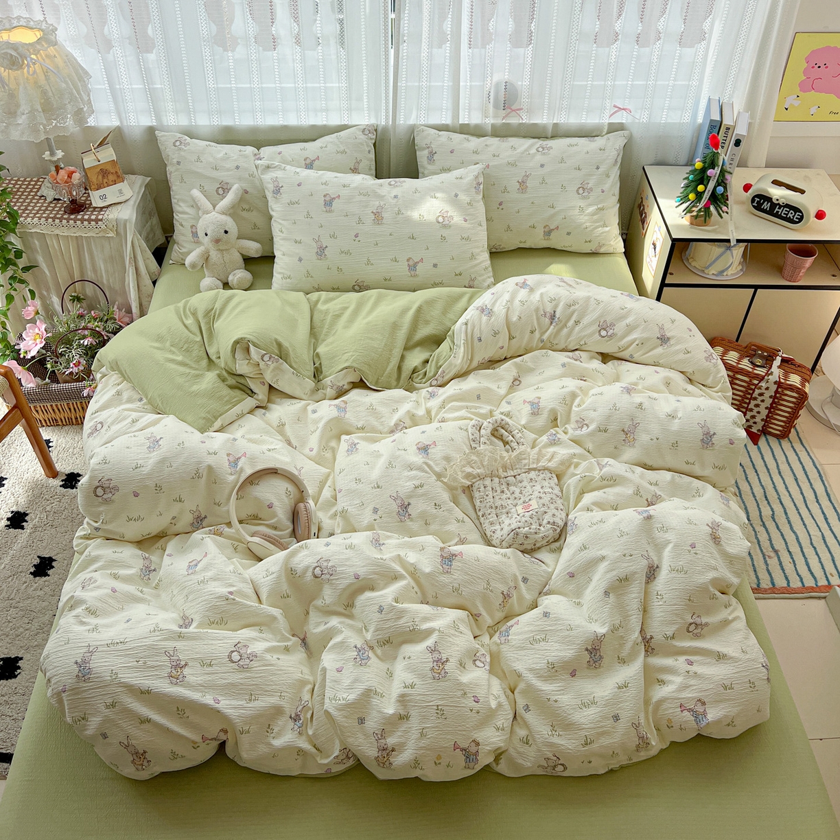 91家纺网 家纺一手货源 找家纺 水木坊 2025新款A云感双层纱四件套-浪漫 浪漫-青春兔