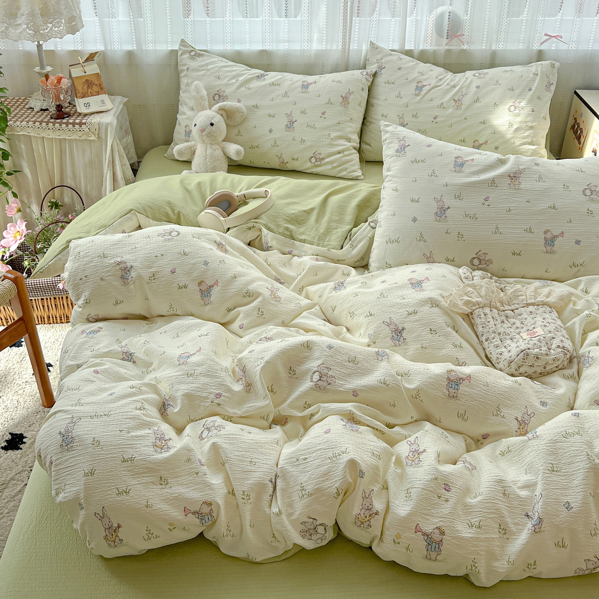 91家纺网 家纺一手货源 找家纺 水木坊 2025新款A云感双层纱四件套-浪漫 浪漫-青春兔