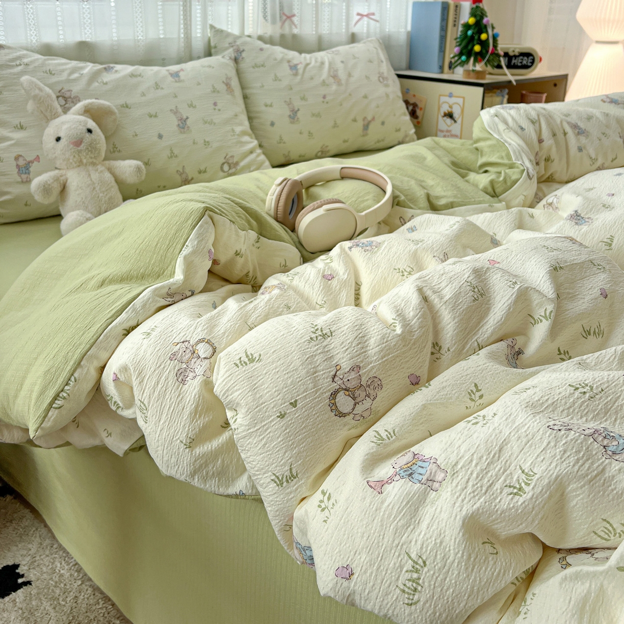 91家纺网 家纺一手货源 找家纺 水木坊 2025新款A云感双层纱四件套-浪漫 浪漫-青春兔