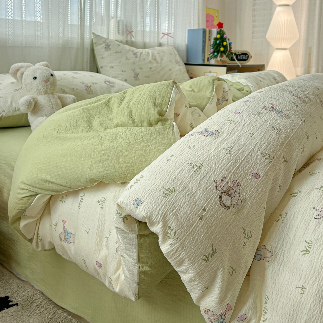 91家纺网 家纺一手货源 找家纺 水木坊 2025新款A云感双层纱四件套-浪漫 浪漫-青春兔