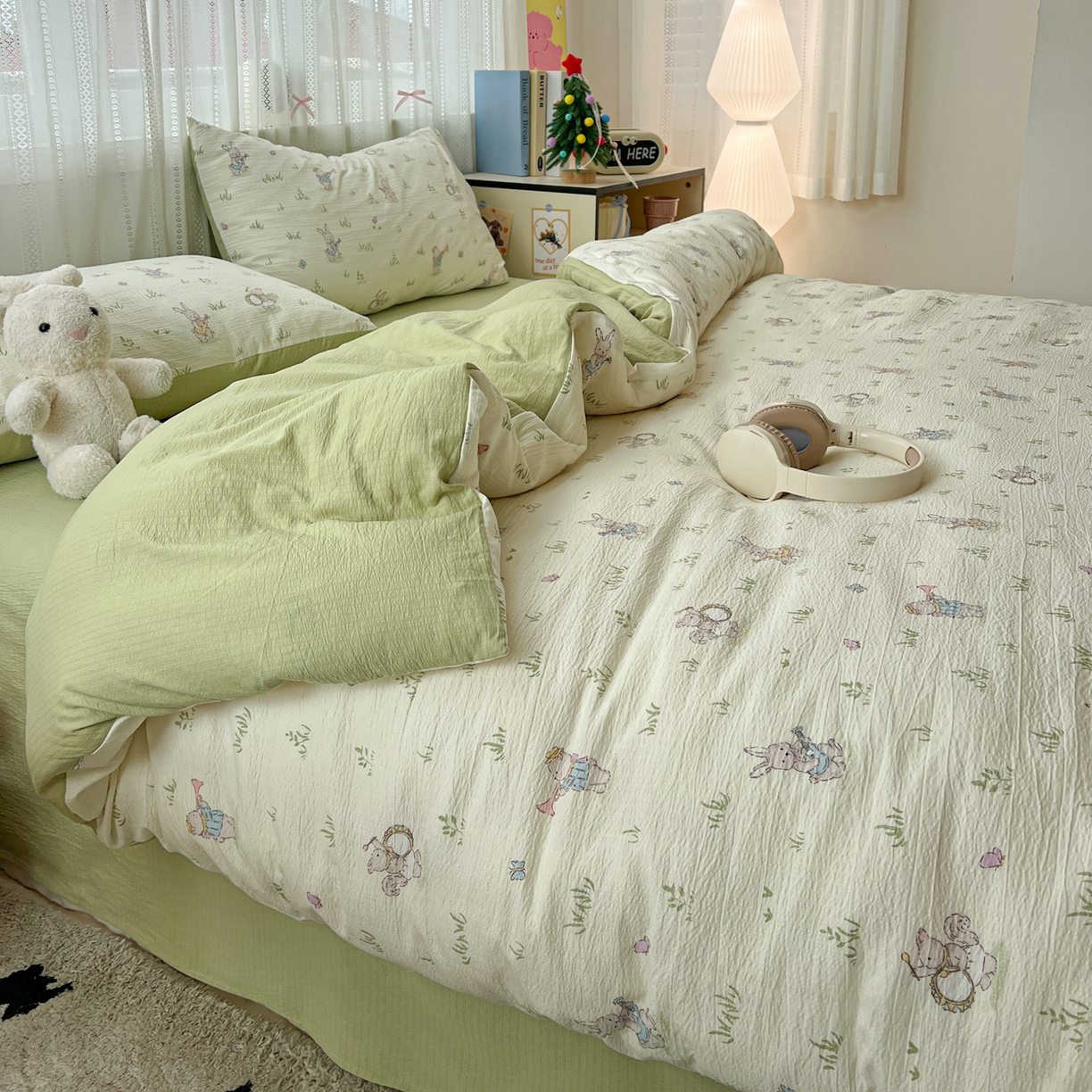 91家纺网 家纺一手货源 找家纺 水木坊 2025新款A云感双层纱四件套-浪漫 浪漫-青春兔