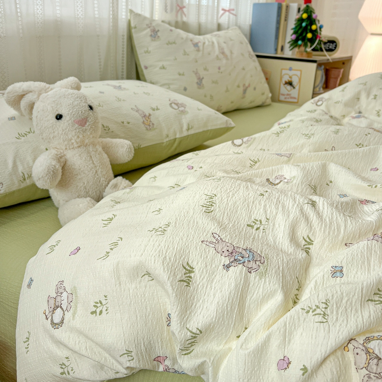 91家纺网 家纺一手货源 找家纺 水木坊 2025新款A云感双层纱四件套-浪漫 浪漫-青春兔