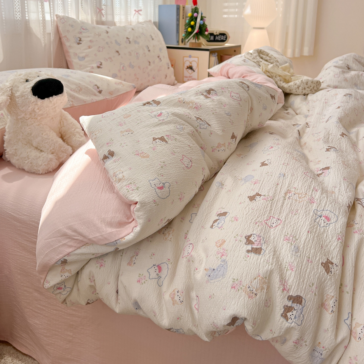 91家纺网 家纺一手货源 找家纺 水木坊 2025新款A云感双层纱四件套-浪漫 浪漫-晴天小猫