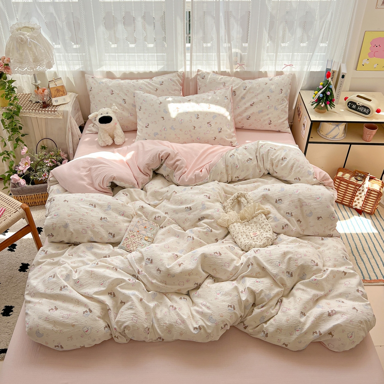 91家纺网 家纺一手货源 找家纺 水木坊 2025新款A云感双层纱四件套-浪漫 浪漫-晴天小猫