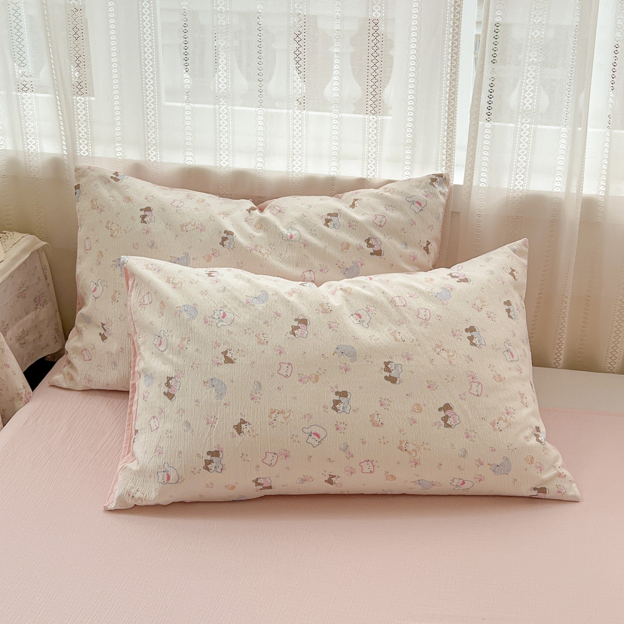 91家纺网 家纺一手货源 找家纺 水木坊 2025新款A云感双层纱四件套-浪漫 浪漫-晴天小猫