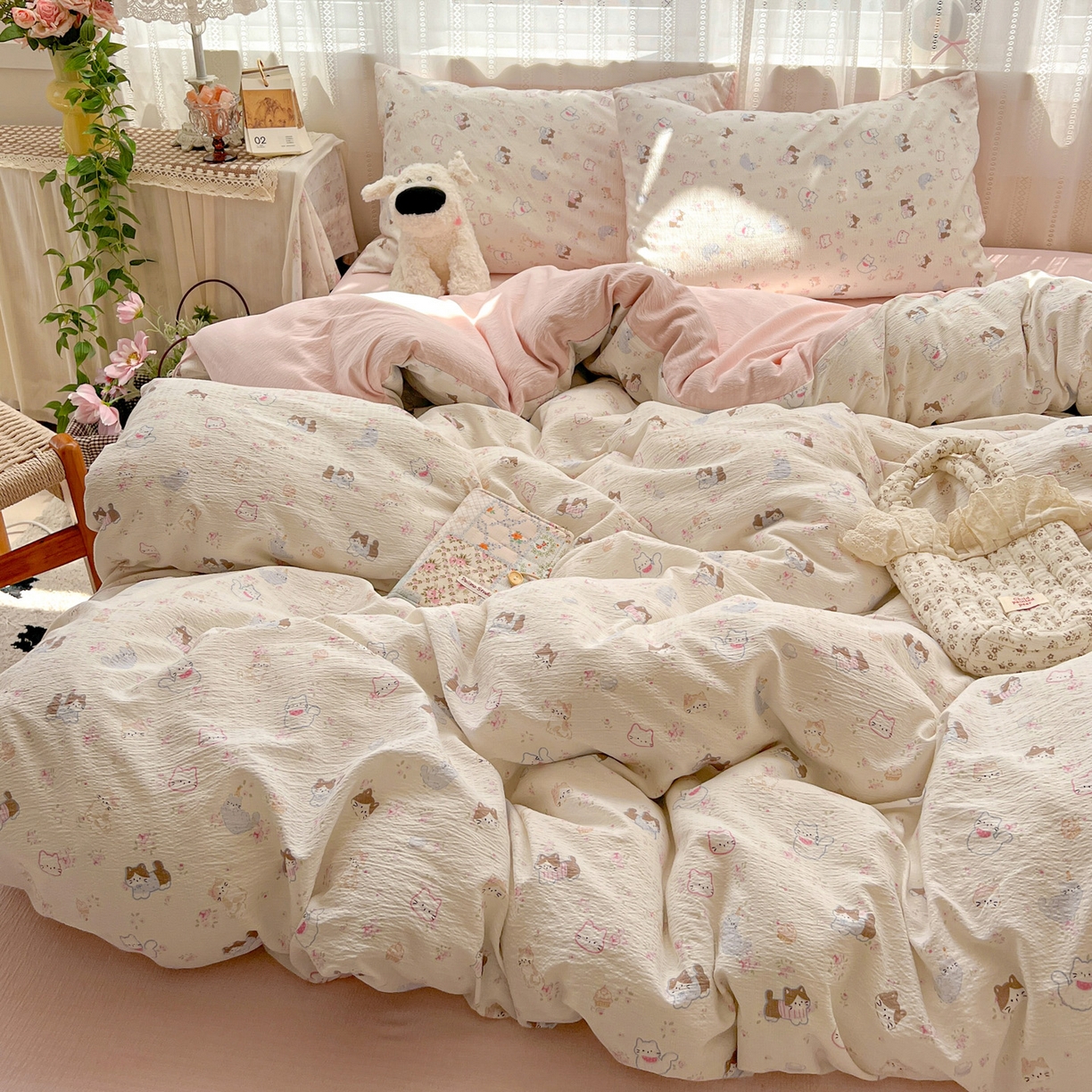 91家纺网 家纺一手货源 找家纺 水木坊 2025新款A云感双层纱四件套-浪漫 浪漫-晴天小猫