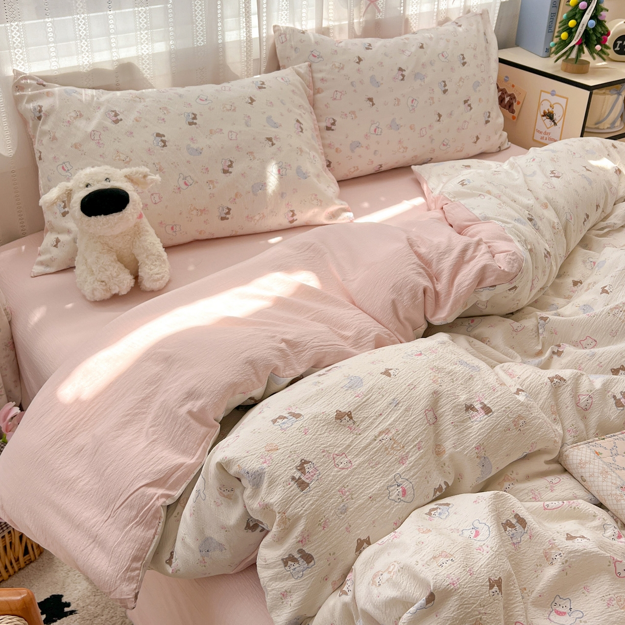 91家纺网 家纺一手货源 找家纺 水木坊 2025新款A云感双层纱四件套-浪漫 浪漫-晴天小猫