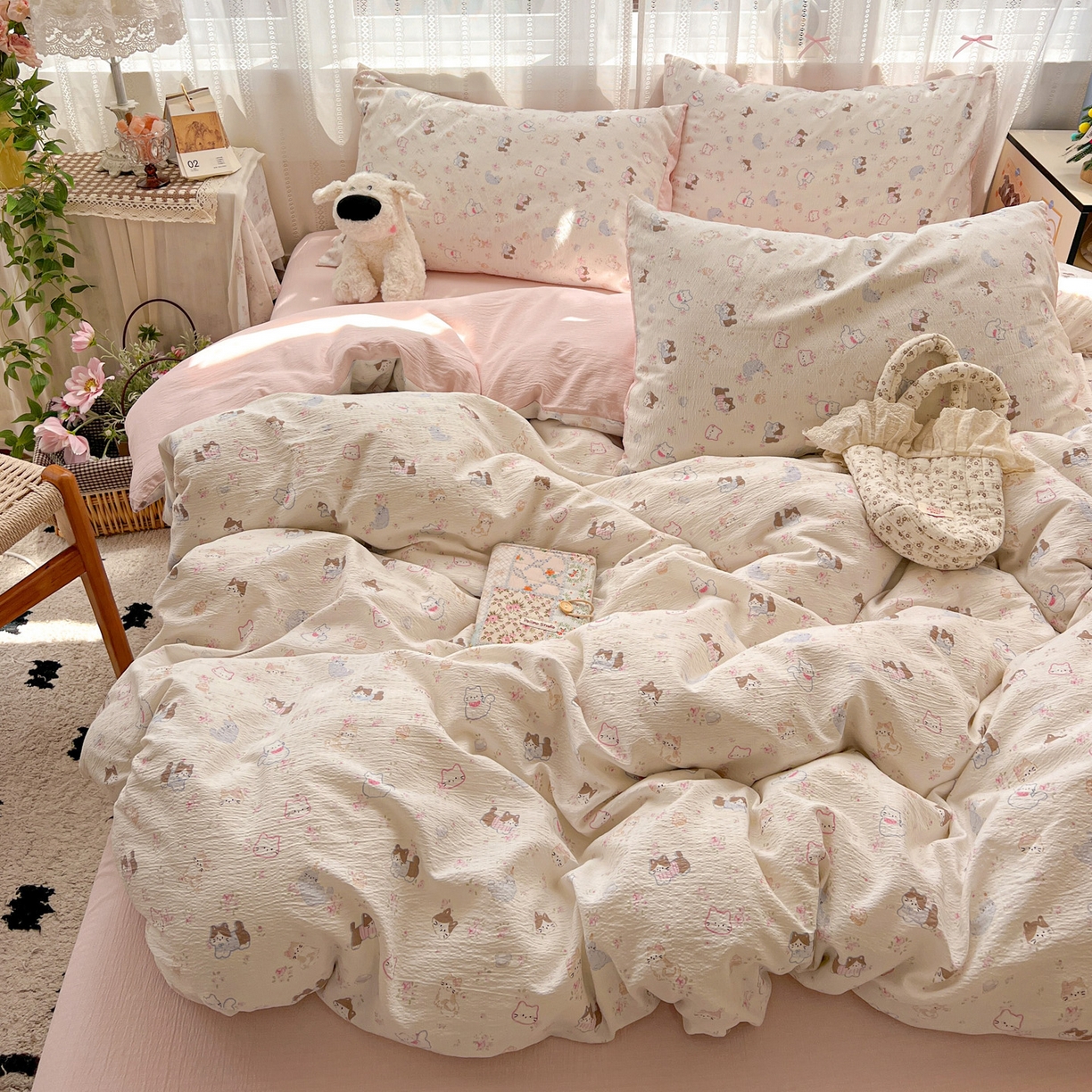 91家纺网 家纺一手货源 找家纺 水木坊 2025新款A云感双层纱四件套-浪漫 浪漫-晴天小猫