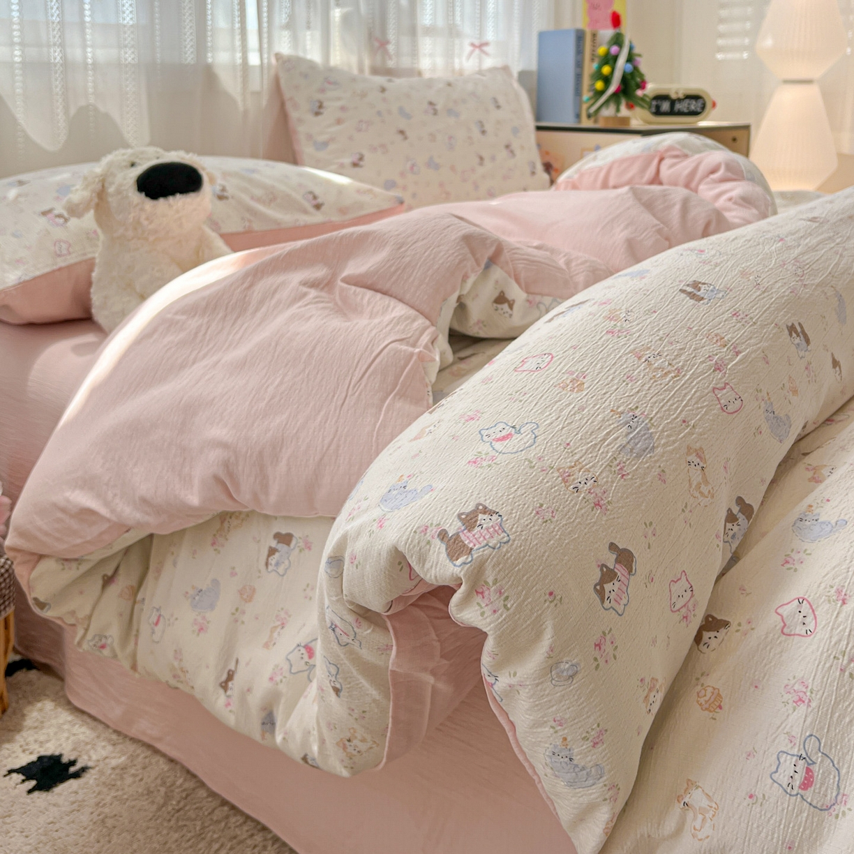 91家纺网 家纺一手货源 找家纺 水木坊 2025新款A云感双层纱四件套-浪漫 浪漫-晴天小猫