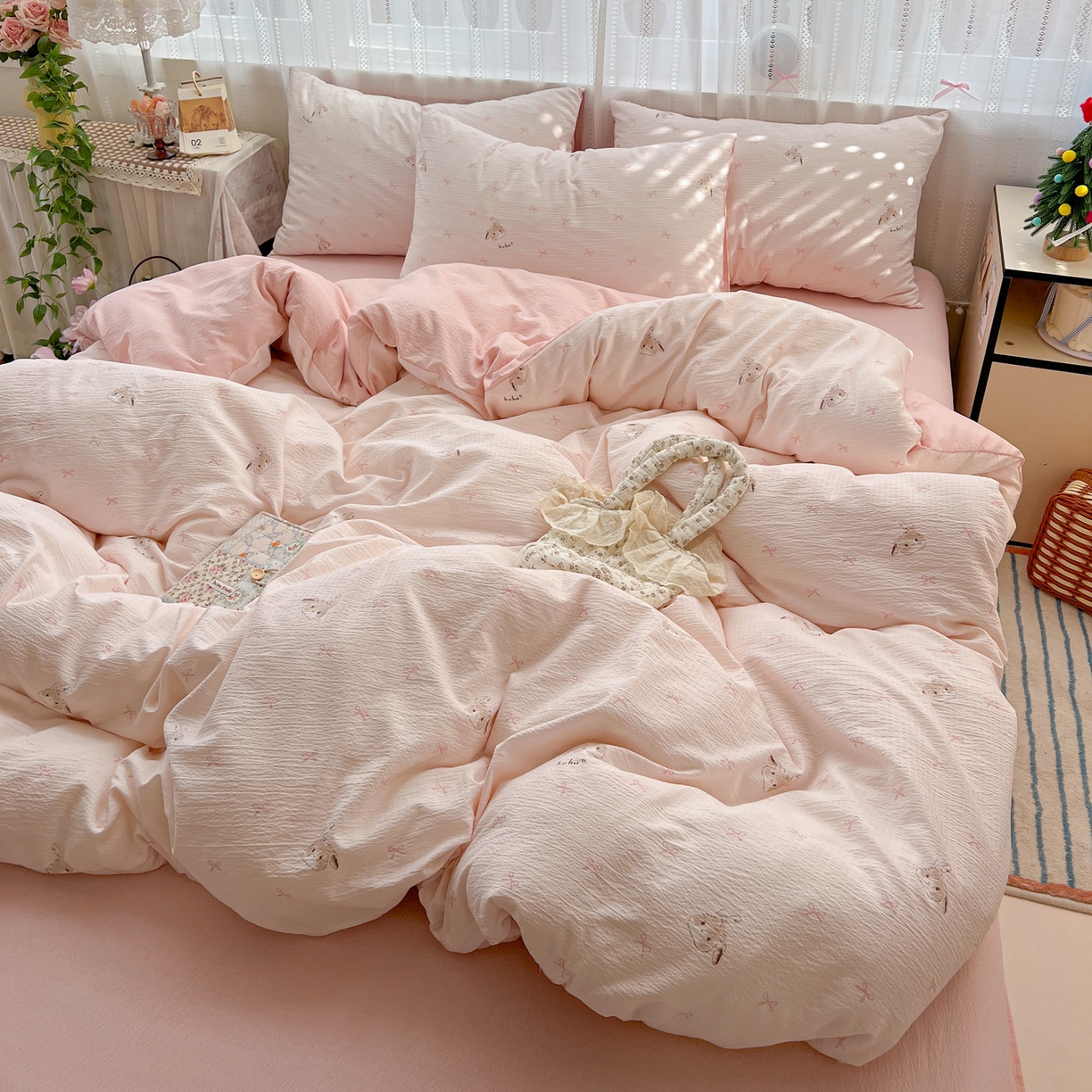 91家纺网 家纺一手货源 找家纺 水木坊 2025新款A云感双层纱四件套-浪漫 浪漫-兔叽叽