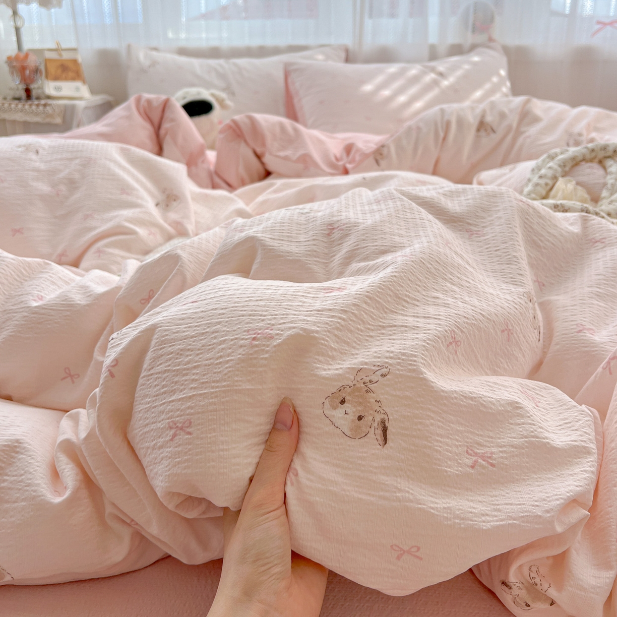 91家纺网 家纺一手货源 找家纺 水木坊 2025新款A云感双层纱四件套-浪漫 浪漫-兔叽叽