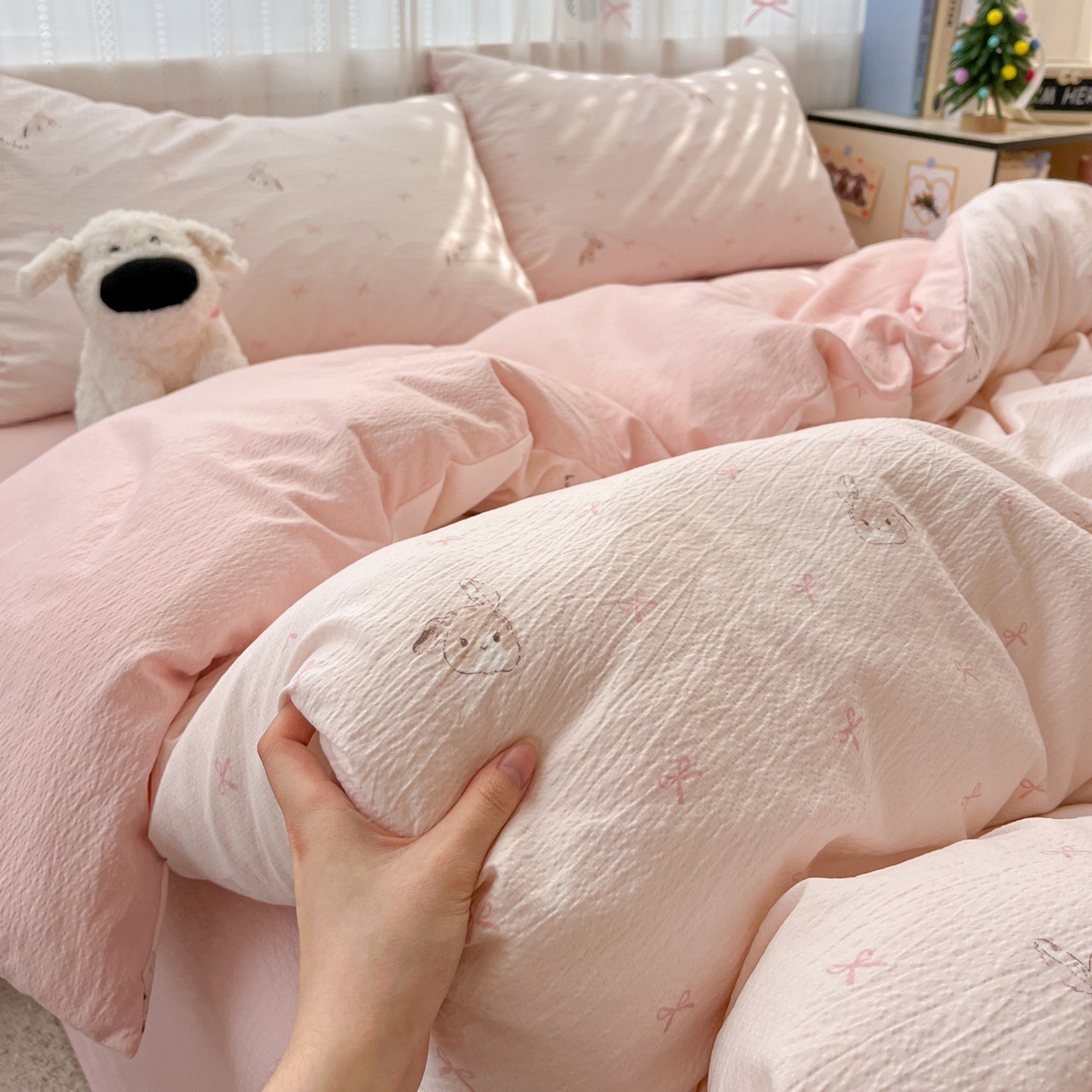 91家纺网 家纺一手货源 找家纺 水木坊 2025新款A云感双层纱四件套-浪漫 浪漫-兔叽叽