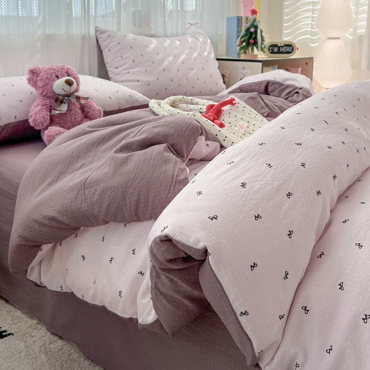 91家纺网 家纺一手货源 找家纺 水木坊 2025新款A云感双层纱四件套-浪漫 浪漫-小紫结