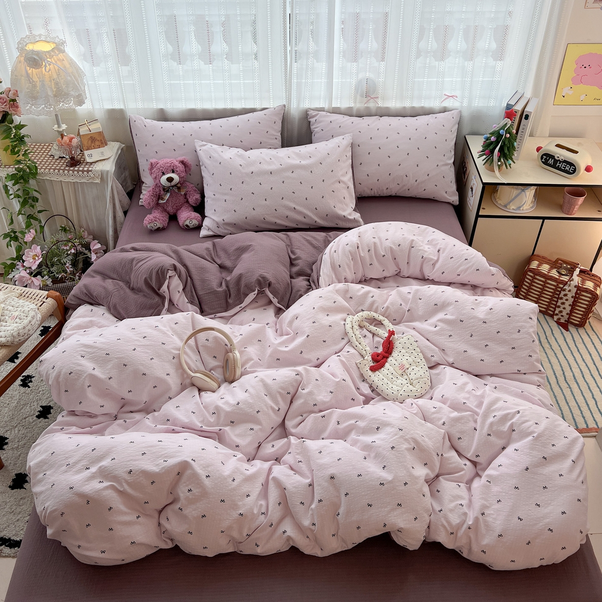 91家纺网 家纺一手货源 找家纺 水木坊 2025新款A云感双层纱四件套-浪漫 浪漫-小紫结