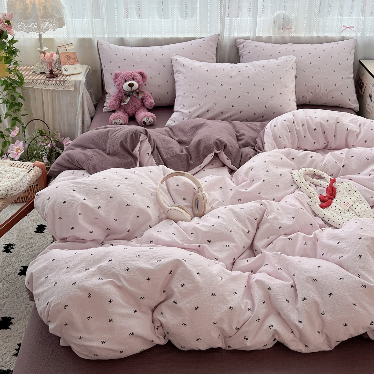 91家纺网 家纺一手货源 找家纺 水木坊 2025新款A云感双层纱四件套-浪漫 浪漫-小紫结