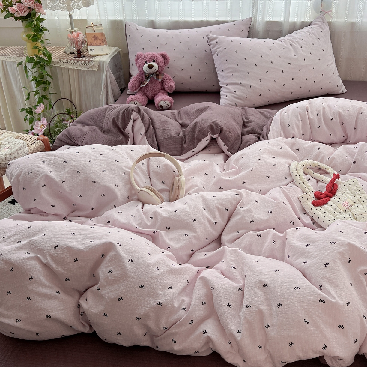 91家纺网 家纺一手货源 找家纺 水木坊 2025新款A云感双层纱四件套-浪漫 浪漫-小紫结