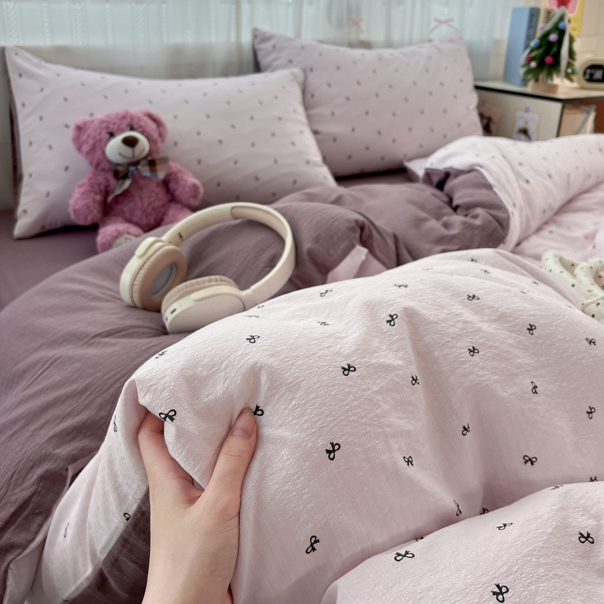 91家纺网 家纺一手货源 找家纺 水木坊 2025新款A云感双层纱四件套-浪漫 浪漫-小紫结