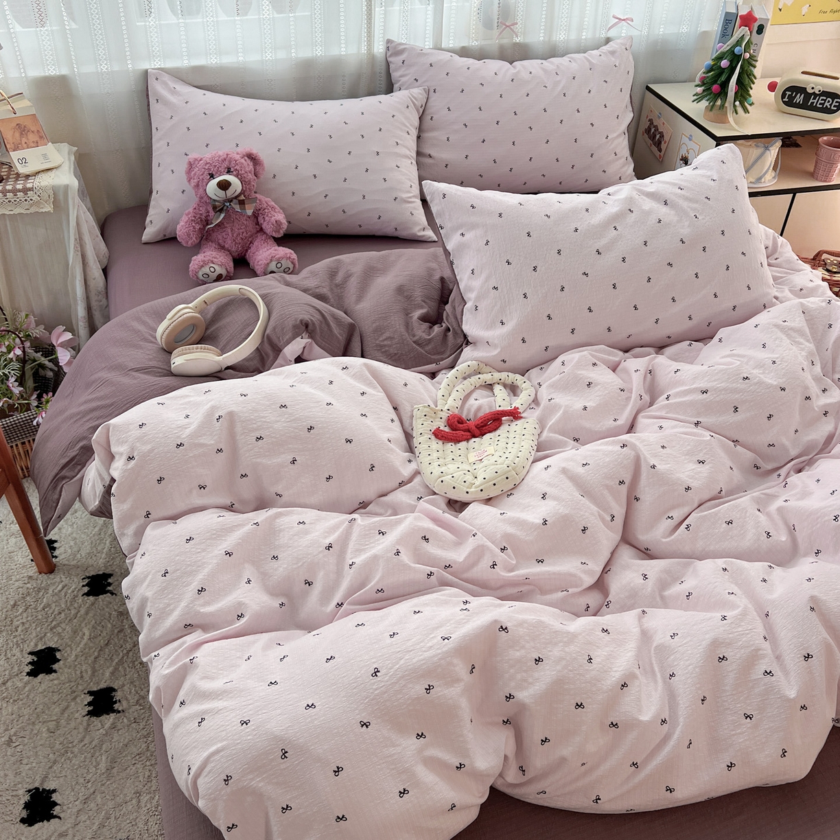 91家纺网 家纺一手货源 找家纺 水木坊 2025新款A云感双层纱四件套-浪漫 浪漫-小紫结