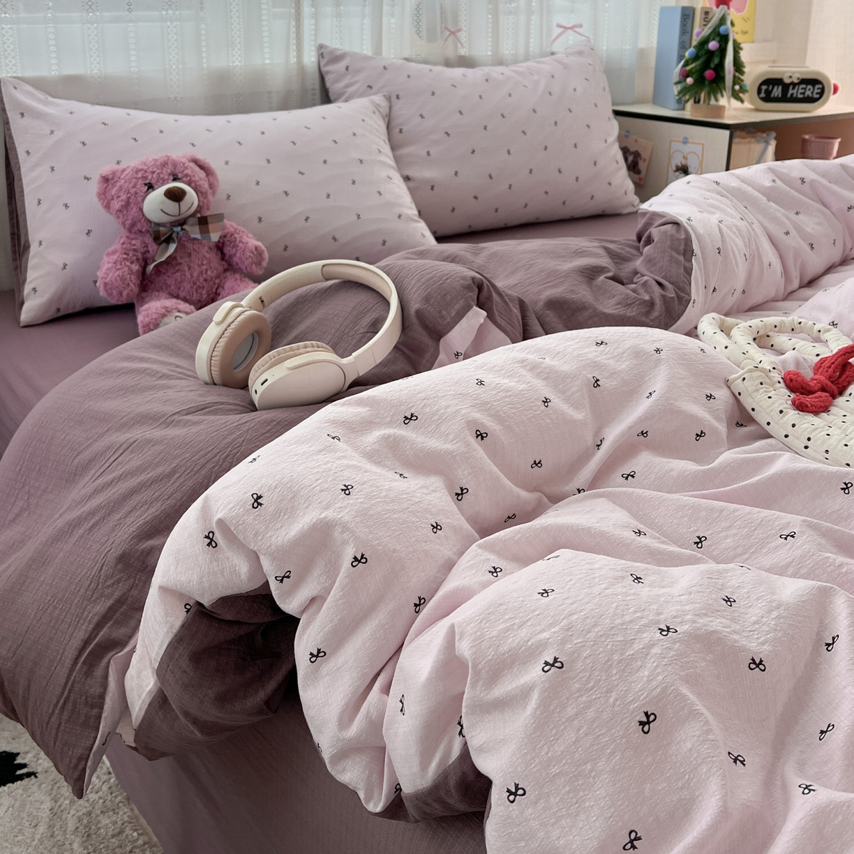 91家纺网 家纺一手货源 找家纺 水木坊 2025新款A云感双层纱四件套-浪漫 浪漫-小紫结