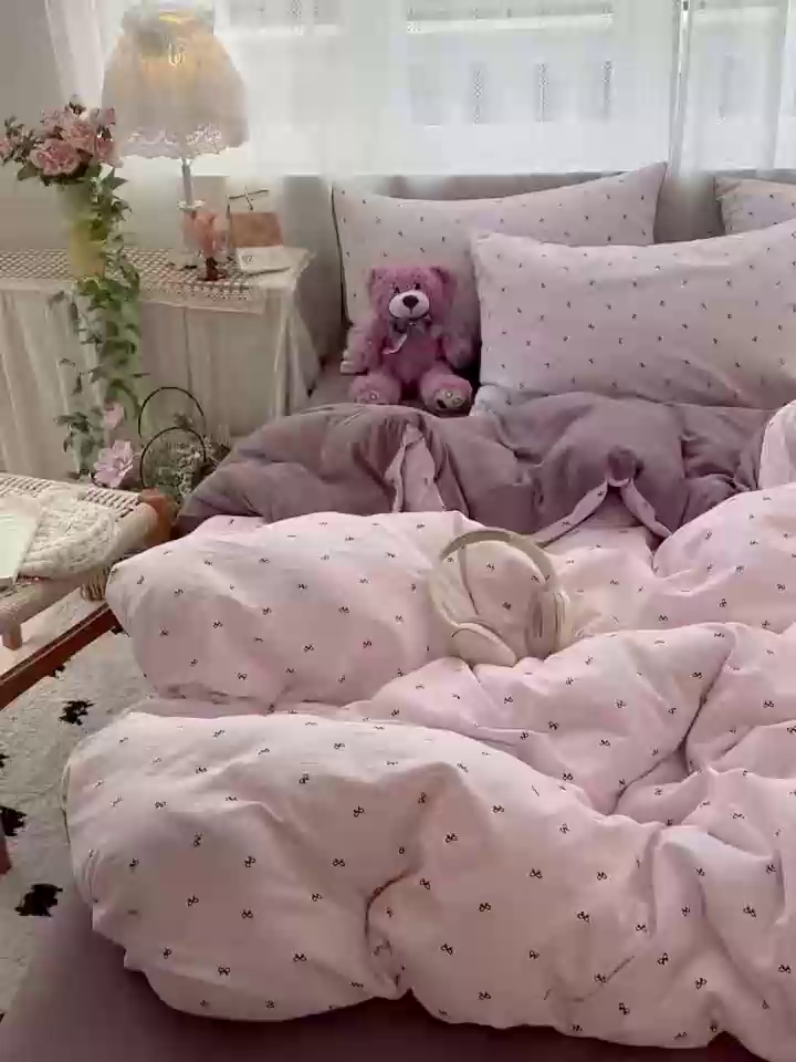 91家纺网 家纺一手货源 找家纺 水木坊 2025新款A云感双层纱四件套-浪漫 浪漫-小紫结