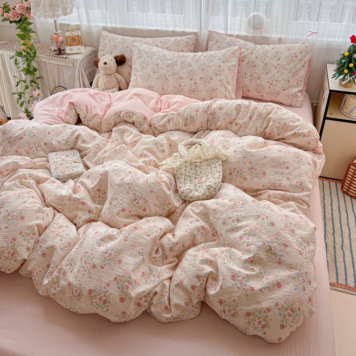 91家纺网 家纺一手货源 找家纺 水木坊 2025新款A云感双层纱四件套-浪漫 浪漫-序曲粉