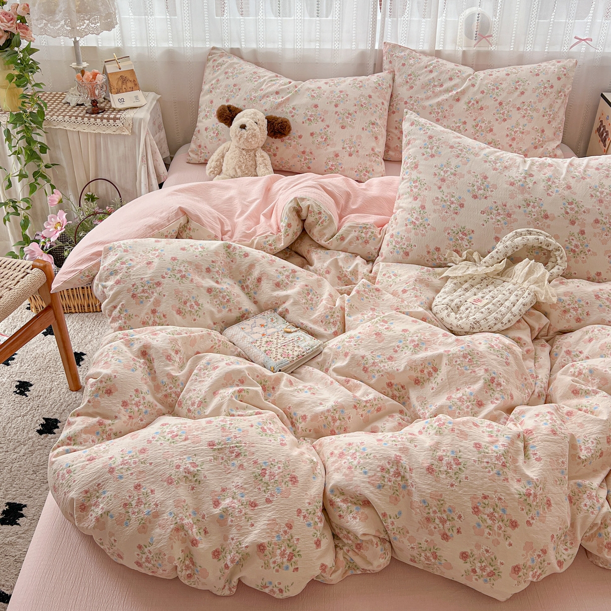 91家纺网 家纺一手货源 找家纺 水木坊 2025新款A云感双层纱四件套-浪漫 浪漫-序曲粉