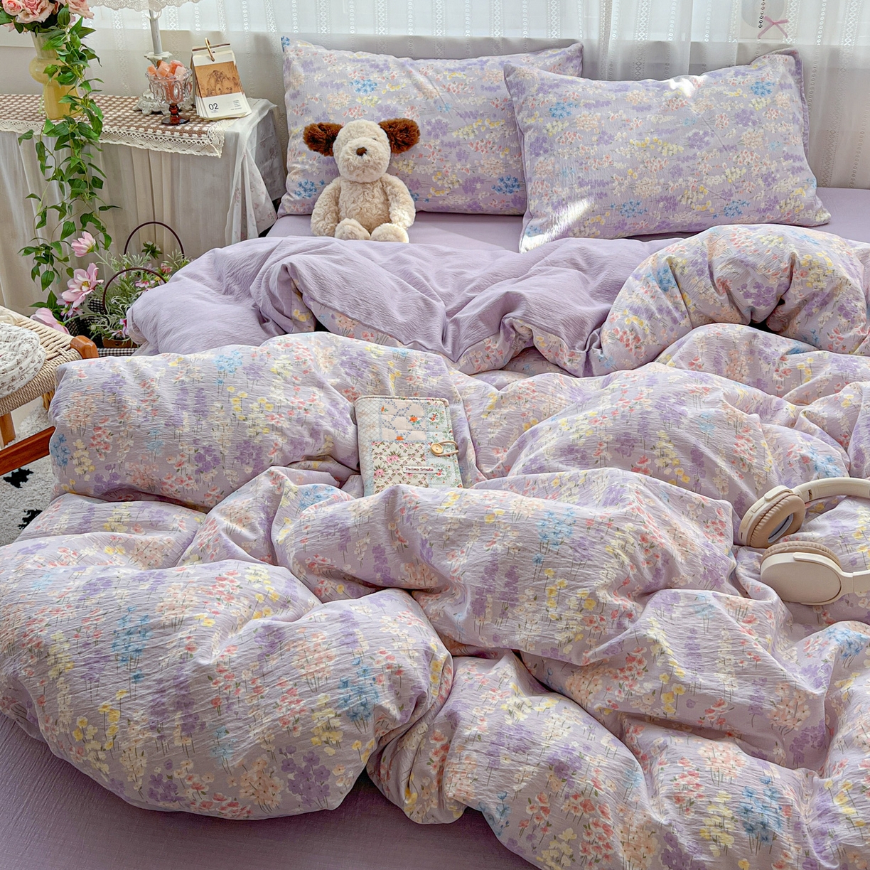 91家纺网 家纺一手货源 找家纺 水木坊 2025新款A云感双层纱四件套-浪漫 浪漫-薰衣草