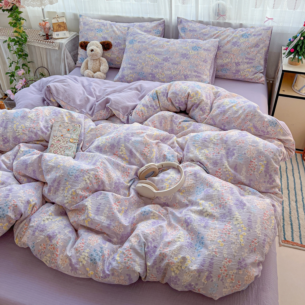 91家纺网 家纺一手货源 找家纺 水木坊 2025新款A云感双层纱四件套-浪漫 浪漫-薰衣草