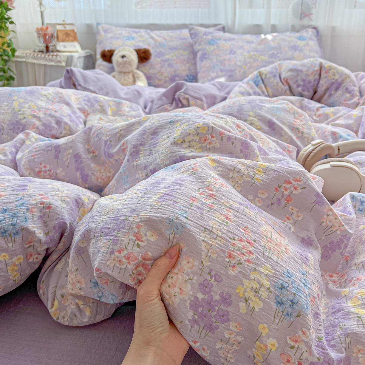 91家纺网 家纺一手货源 找家纺 水木坊 2025新款A云感双层纱四件套-浪漫 浪漫-薰衣草