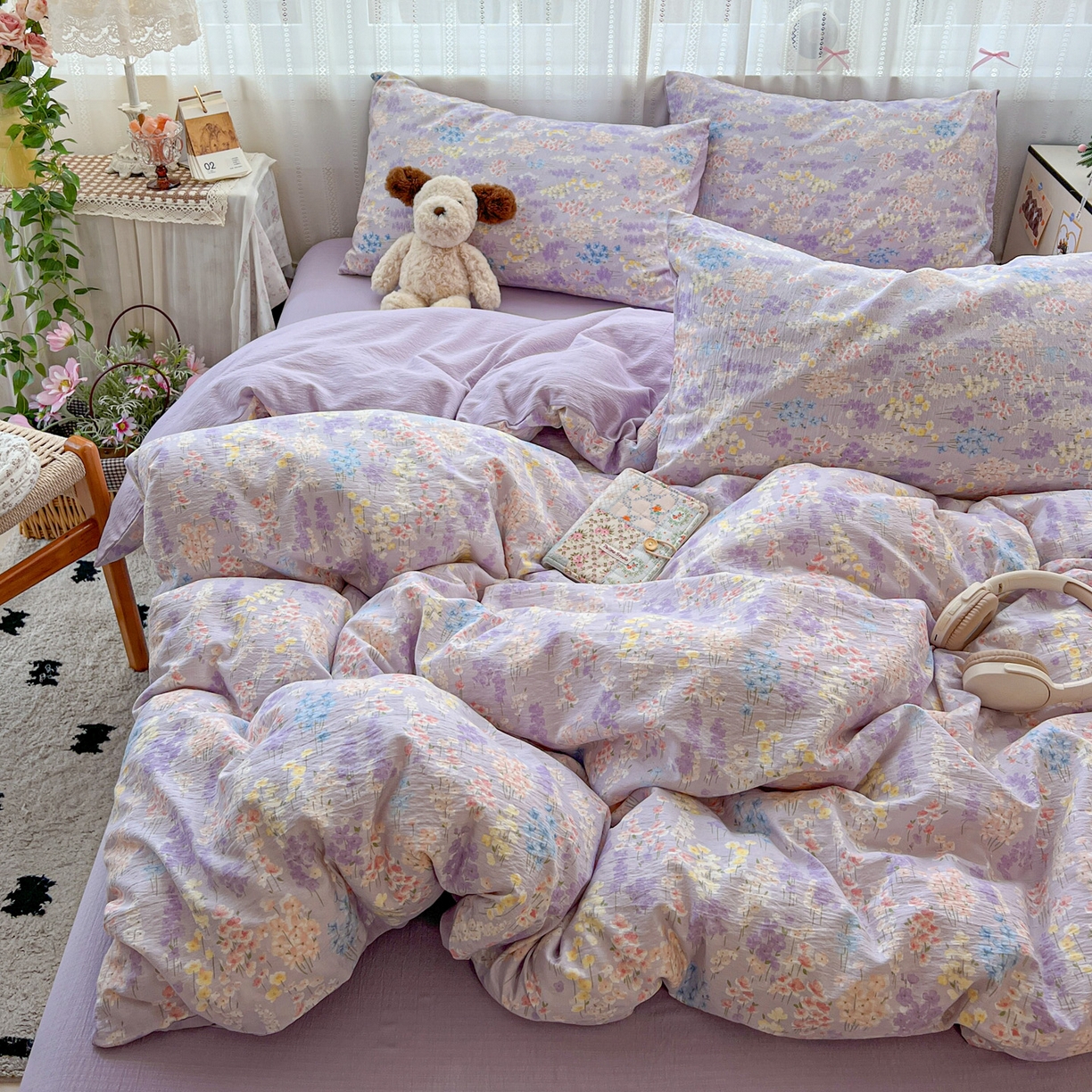 91家纺网 家纺一手货源 找家纺 水木坊 2025新款A云感双层纱四件套-浪漫 浪漫-薰衣草