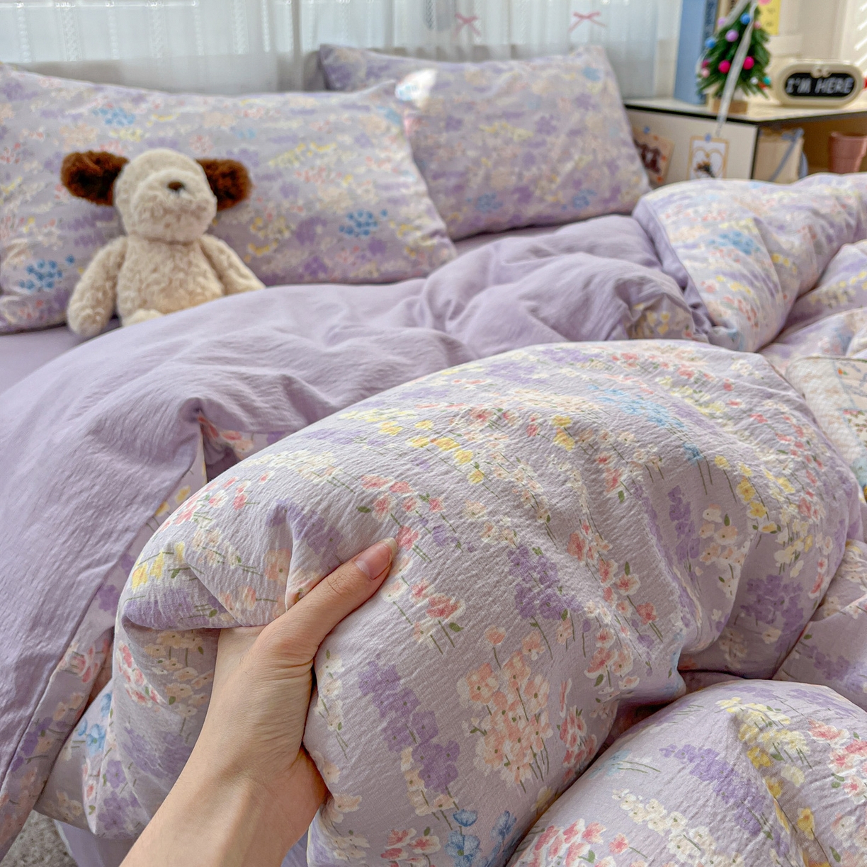 91家纺网 家纺一手货源 找家纺 水木坊 2025新款A云感双层纱四件套-浪漫 浪漫-薰衣草