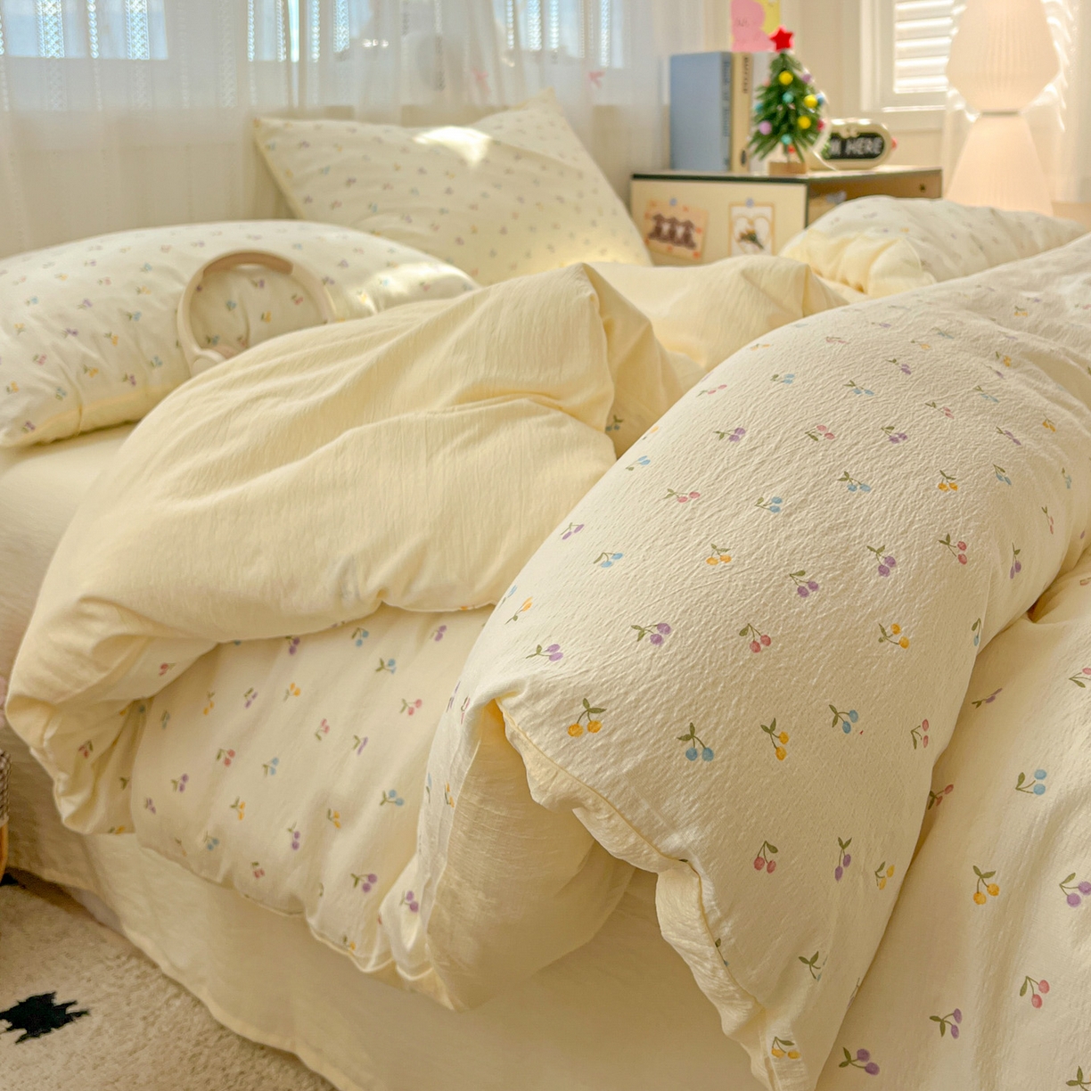 91家纺网 家纺一手货源 找家纺 水木坊 2025新款A云感双层纱四件套-浪漫 浪漫-樱桃布丁